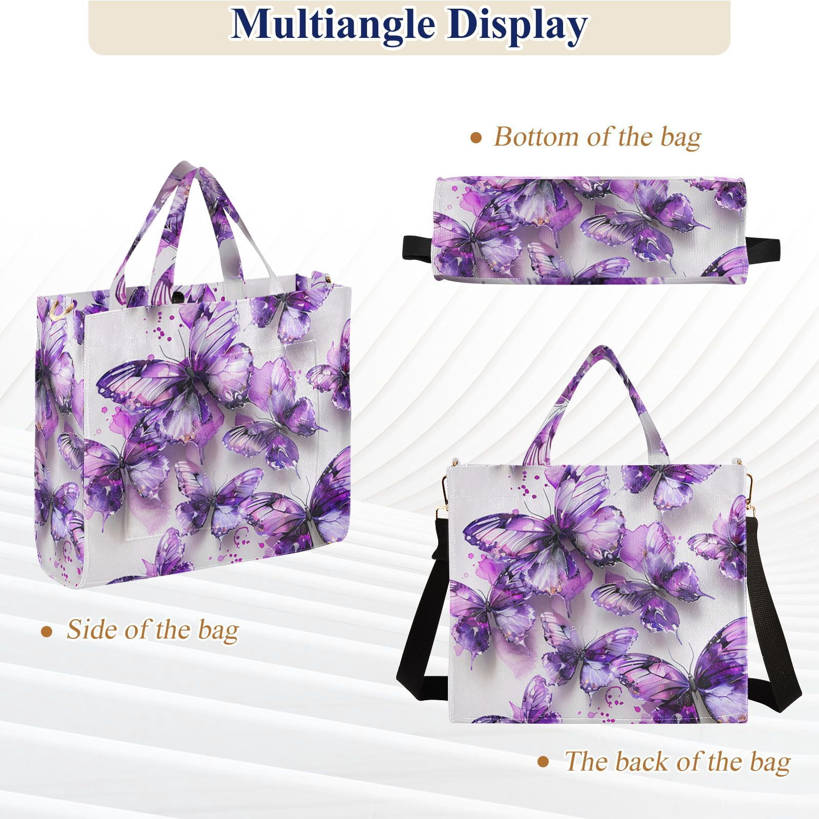 Purple Butterflies Watercolor Corduroy Tote Bag Handbag Large Messenger Bag Shoulder Crossbody Zipper Bag Purse