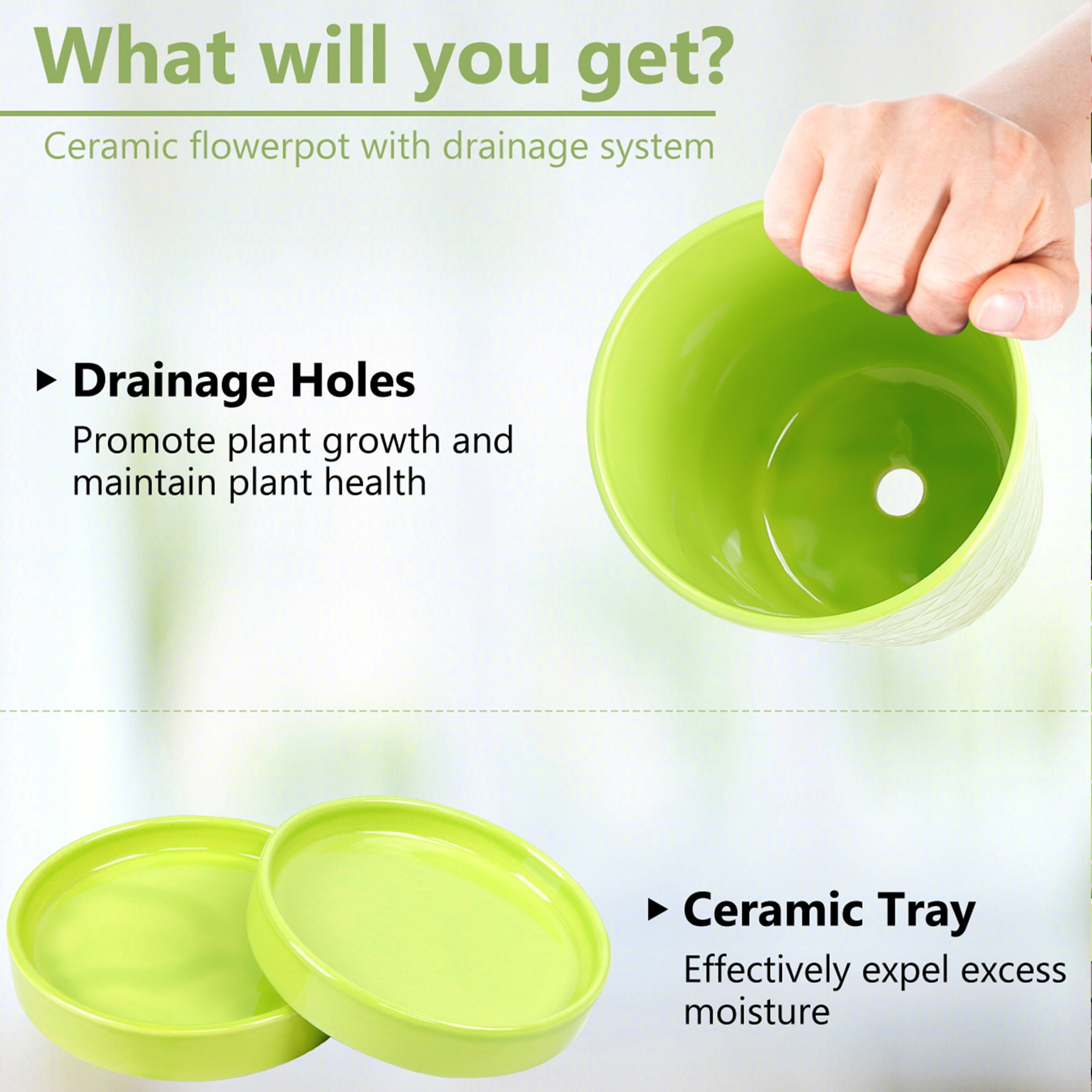 BUYMAX 5" Ceramic plant pots with drainage hole and tray, 4-Pack-4-patterns, gardening home desktop office windowsill decoration， green flower pots indoor