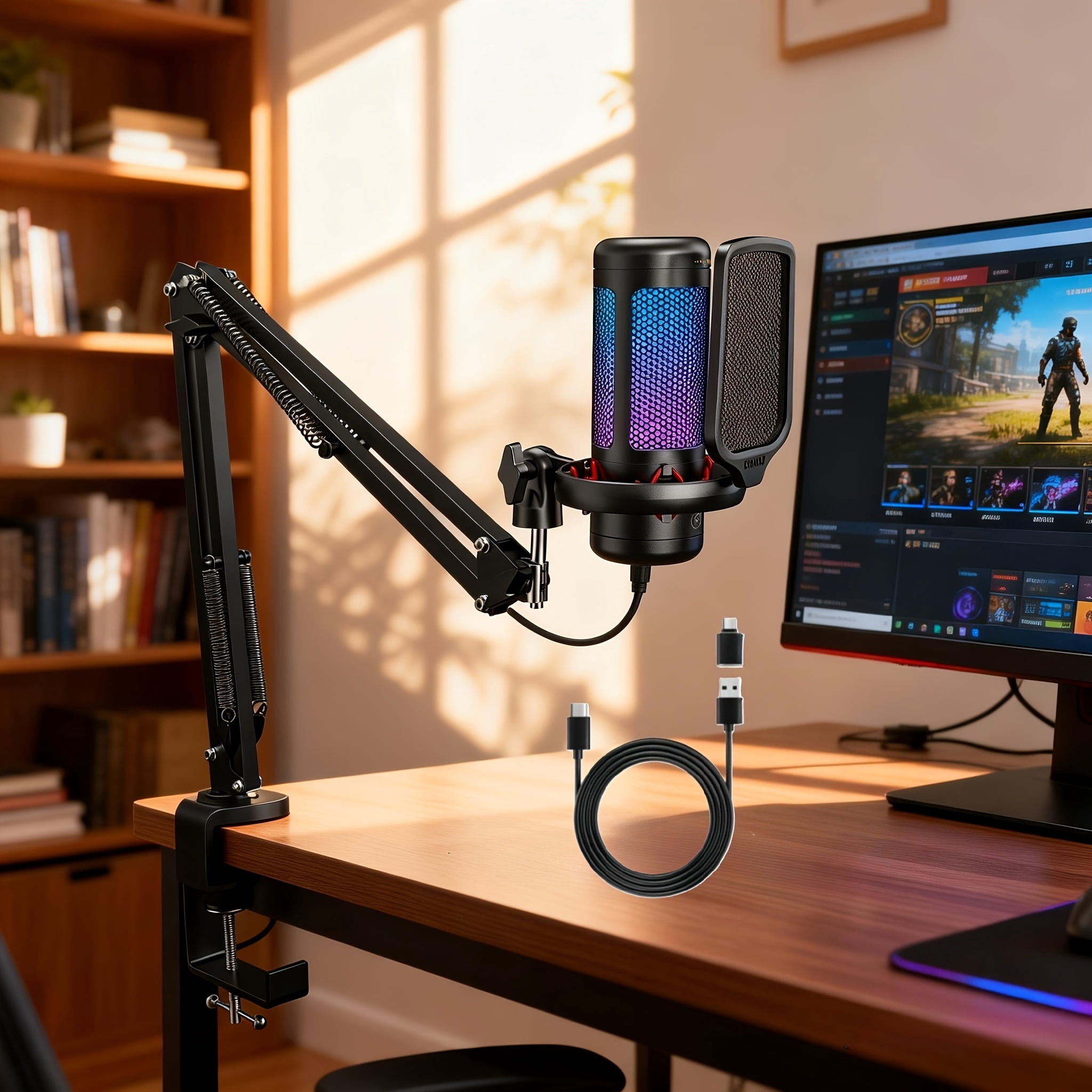 USB- Compatible RGB Gaming Microphone with Boom Arm & Shock Mount - USB- Condenser Mic Suitable for Streaming, Podcasting, Voice Recording, PC Computer Setup, Pop Filter System for Studio Recording