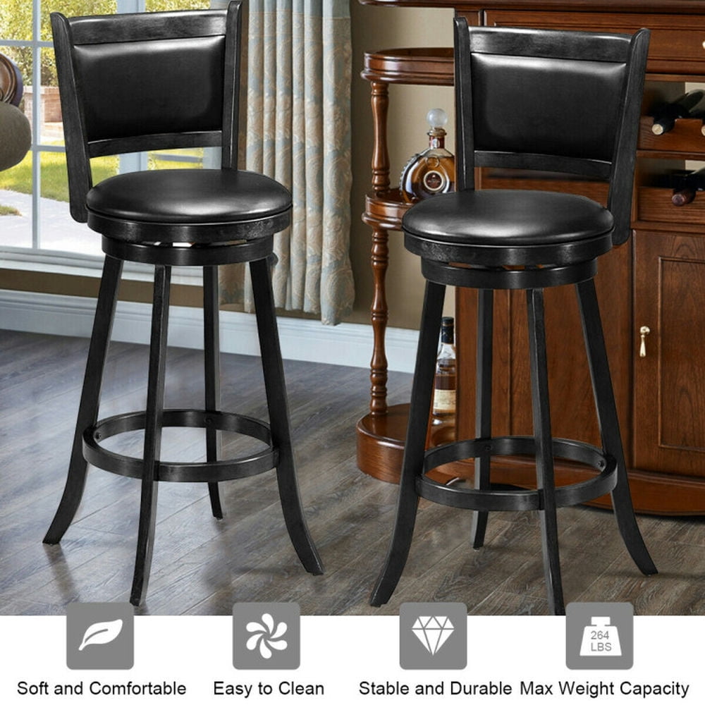 Demi Bonn Set of 2 Counter Height Swivel Bar Stool with Backrests, 29" Wood Dining Chair Barstool, Black