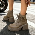 thumbnail image 2 of Womens Motorcycle Boots Platform Chunky Heel Antislip Lace up Zipper Ankle Booties Comfy Retro Leather Round Toe High Top Boots Khaki Size 8.5, 2 of 7