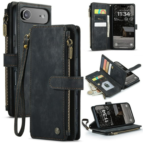 CaseMe Case for iPhone Air Wallet Case for Women Men, Fashion Durable PU Leather Magnetic Flip Lanyard Strap Wristlet Zipper Card Holder Wallet Phone Case for iPhone Air 6.5-inch,Black,For iPhone Air