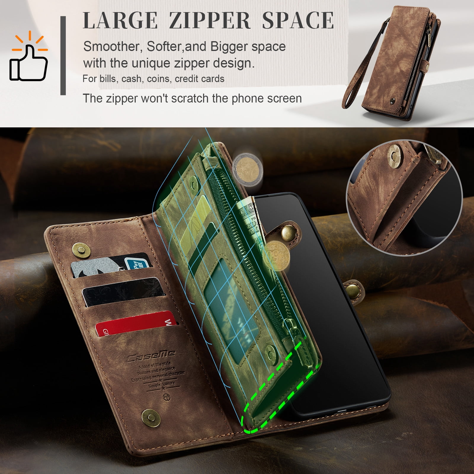 Feishell Durable 2- In-1 Magnetic Detachable Wallet Case for Samsung Galaxy A13 5G,for Women Men,Premium PU Leather Zipper Pocket Flip Multi Card Slots Purse Phone Case with Wrist Strap,Brown
