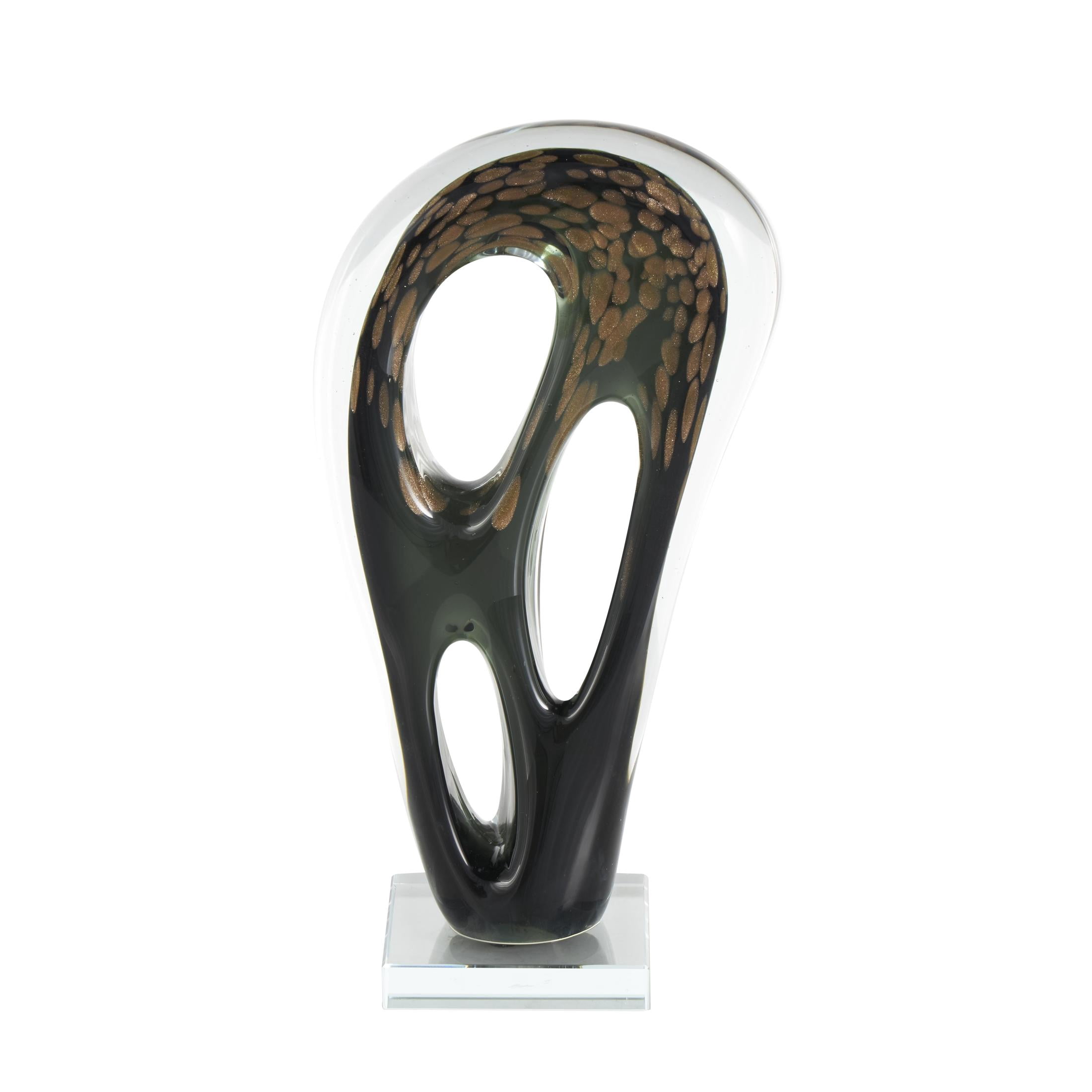 7" x 13" Black Glass Curved Cutout Abstract Sculpture with Gold Spotted Accents, by DecMode