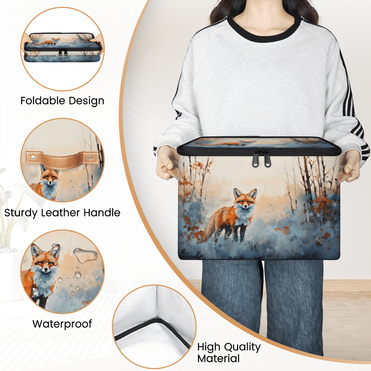 CURLYOOT Watercolor Fox Storage Bin with Zipper Lid, Fabric Decorative Lidded Storage Baskets Boxes, Foldable Organizer Container Basket for Bedroom Closet Shelf