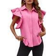 thumbnail image 2 of Women Ruffle Button Down Shirts Short Sleeve Lapel Tops Blouse, 2 of 6