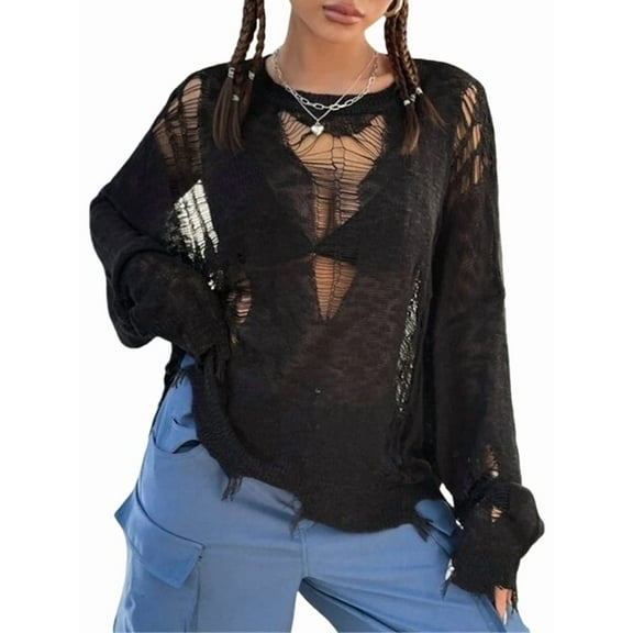 Women'S Hollow Out Crochet Sweaters Top Long Sleeve Ripped Knit Top Gothic Clothes Concert Outfits Black S