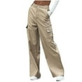 thumbnail image 3 of Huesdet High Waist Stretch Cargo Pants Women Baggy Multiple Pockets Relaxed Fit Straight Wide Leg Y2K Pants Khaki,XL, 3 of 8