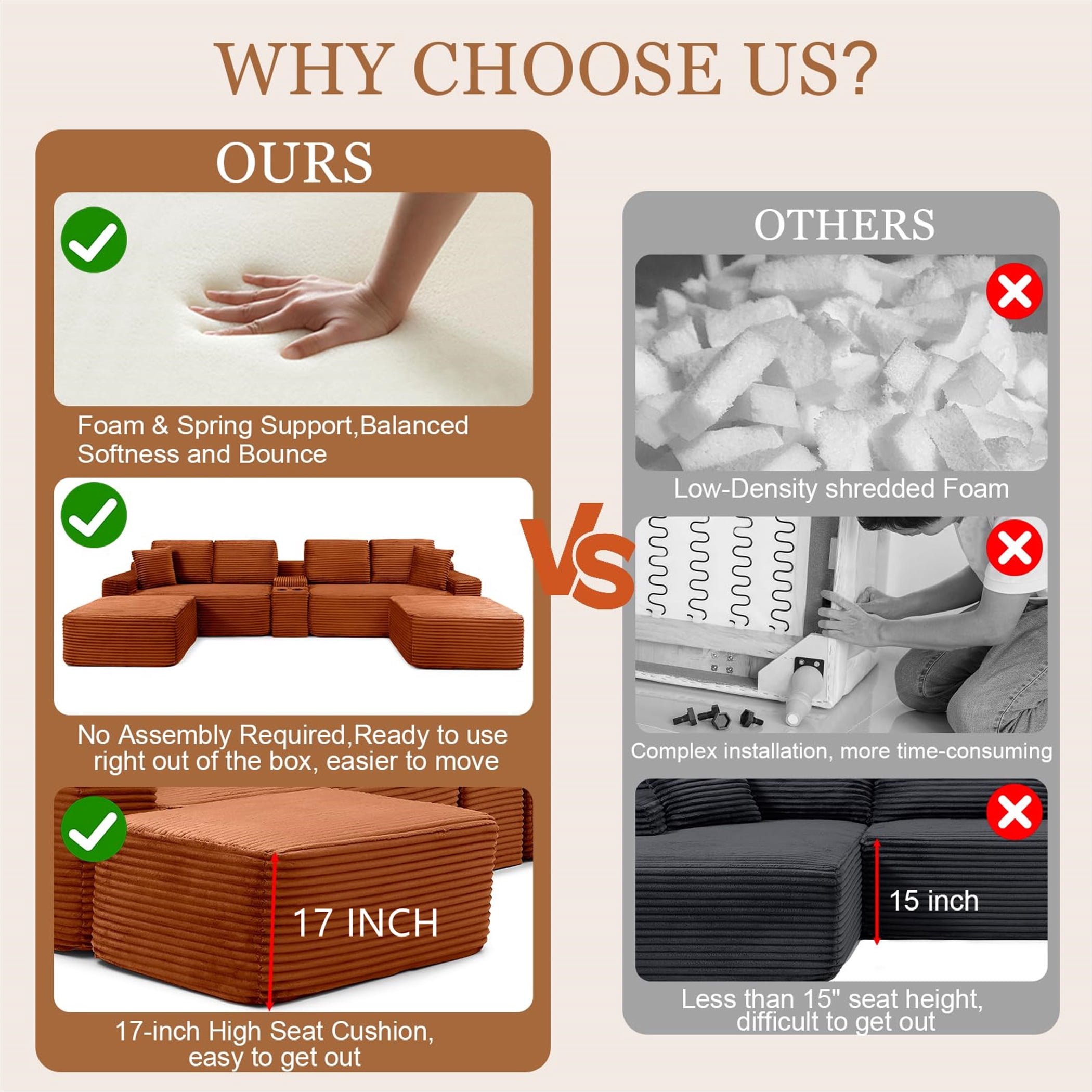 Aukfa 127" U Shaped Cloud Sectional Sofa Modular Boneless Couch with USB&Cupholdes Storage Console for Living Room, Corduroy, Orange