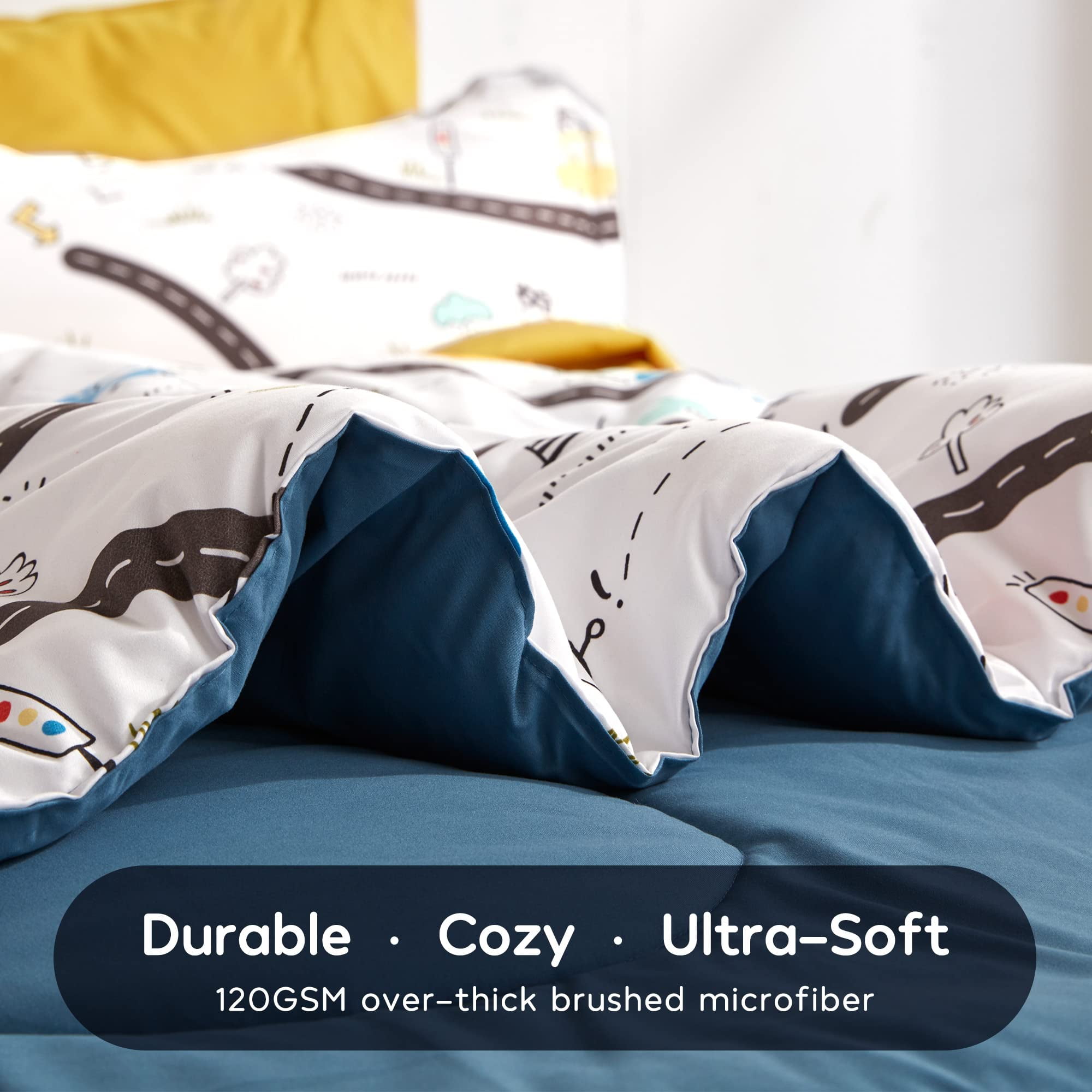 Sleep Zone Kids Bedding Comforter Set Full/Queen Size - Super Soft & Cute Printed 3-Piece Comforter Set All Seasons for Boys, Girls, Fade Resistant, Machine Washable, Car Road