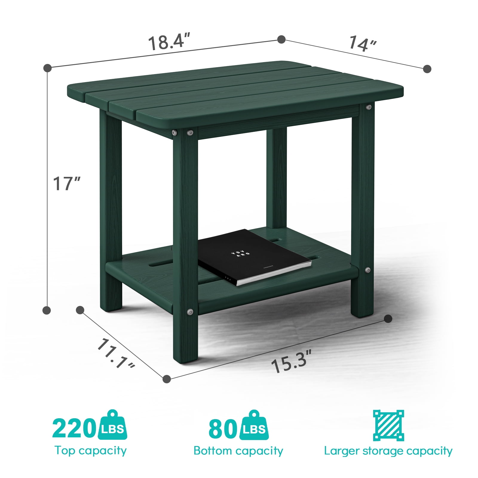 Cobiod 14 x 18.4 Inch Double Tier All Weather Patio End Table HDPE Outdoor End Table for Porch Lawn Poolside Fire Pit Durable Fits Adirondack Chairs,green