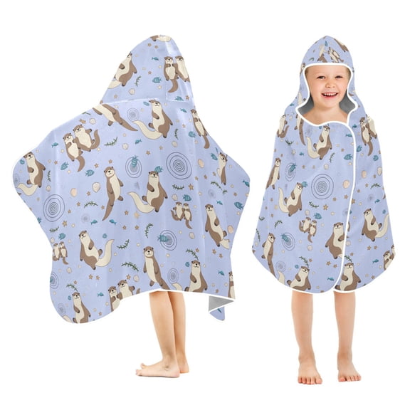 Yayeee Kids Hooded Towel with Hand Pockets Beach Soft Absorbent Bath Wrap 50 x 23.5 inch, Cartoon Otters Pattern