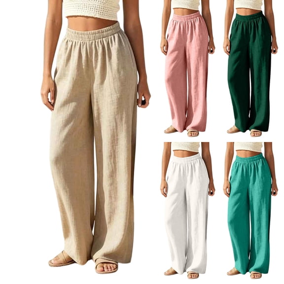 Jaunzuar Beach Pants for Women Straight Leg High Waisted Linen Pants Summer Loose Casual Pants with Pockets L