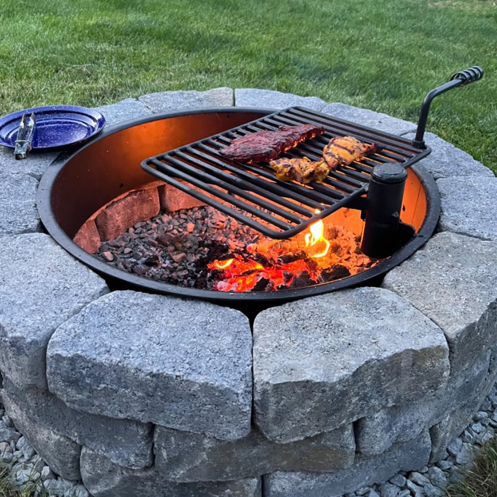 Pilot Rock 30 Inch Steel Ground Fire Pit Ring and Cooking Grate, Black