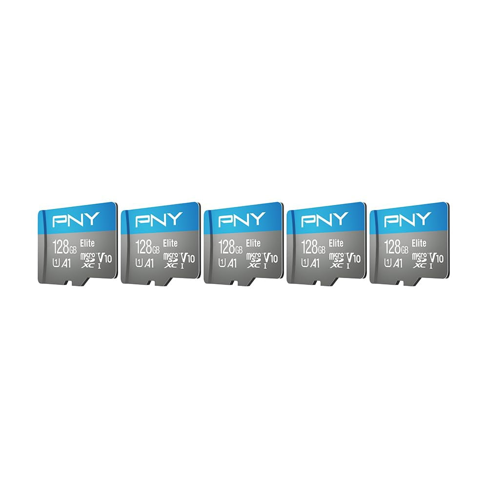 PNY 128B Elite Mobile Accessories Class 10 U1 V10, A1 microSDHC Flash Memory Card for Mobile Devices - 100MB/s, Full HD, UHS-I, micro SD 5-Pack