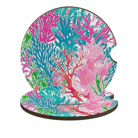

Colorful Coral Reef Print Car Coasters for Drinks with A Finger Notch for Easy Removal Cup Holder Coaster Cup Mat Car Interior Accessories 2PCS