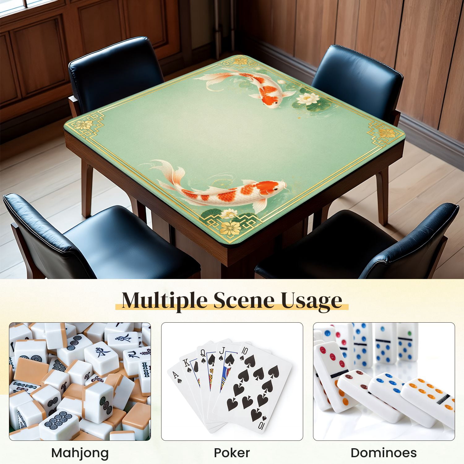 Mahjong Mat 31.5" x 31.5" Elegant Fish Gold Light Green Non-Slip Noise Reduction Mahjong Tiles Table Cover for Dominoes Poker Card Board and Tile Games