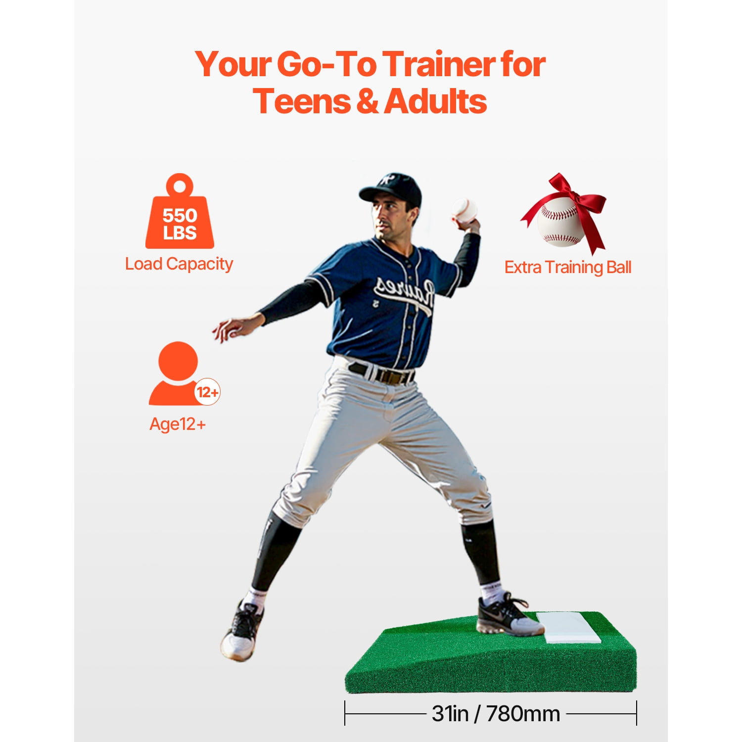 KFFKFF Pitching Hill, Mobile Baseball Thrower's Hill, 31 in Indoor Outdoor Throwing Exercise and Training Gear, Softball Throwing Helpers with Durable Grass, Pitching Leather, Transport Handle