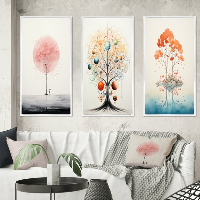 Designart "Impression of Solitude Minimal Watercolor Single Tree I" Landscape Trees Framed Wall Art Set Of 3 - Pink Trees Frame Canvas Set For Living Room Decor