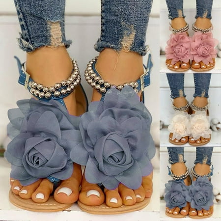 CHOII Clearance Sandals One Button Light Flat Shoes Casual Rubber Sole Sandals Women s Sandals Open Toe Flip Flops for Women with A Beautiful Flowers Ankle Strap Sandals Thong Sandals Blue/9