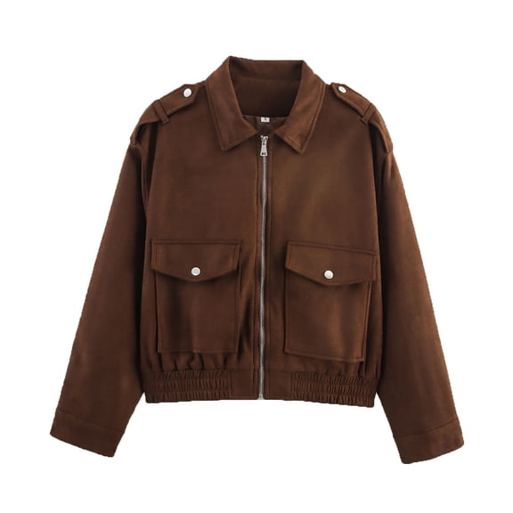 AUNVITO Women's Suede Casual Jacket with Zipper Pockets Lapel Collar Long Sleeve No Hood Lightweight Nylon Spandex Outerwear