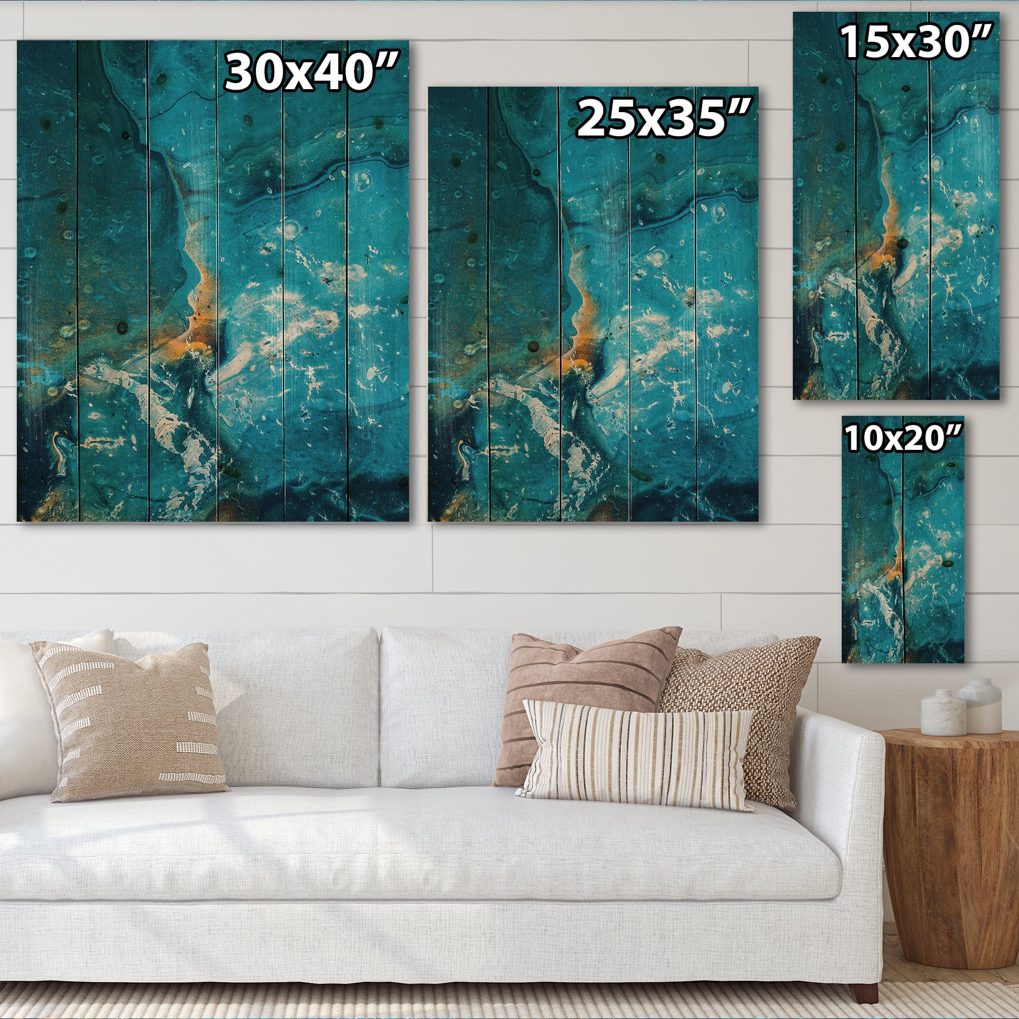 Designart 'Abstract Blue Marble Composition I' Modern Print on Natural Pine Wood