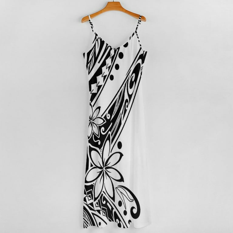 Polynesian Black And White Tribal Sleeveless Suspender Dress Summer Fashion  Casual Long Dress - Walmart.com