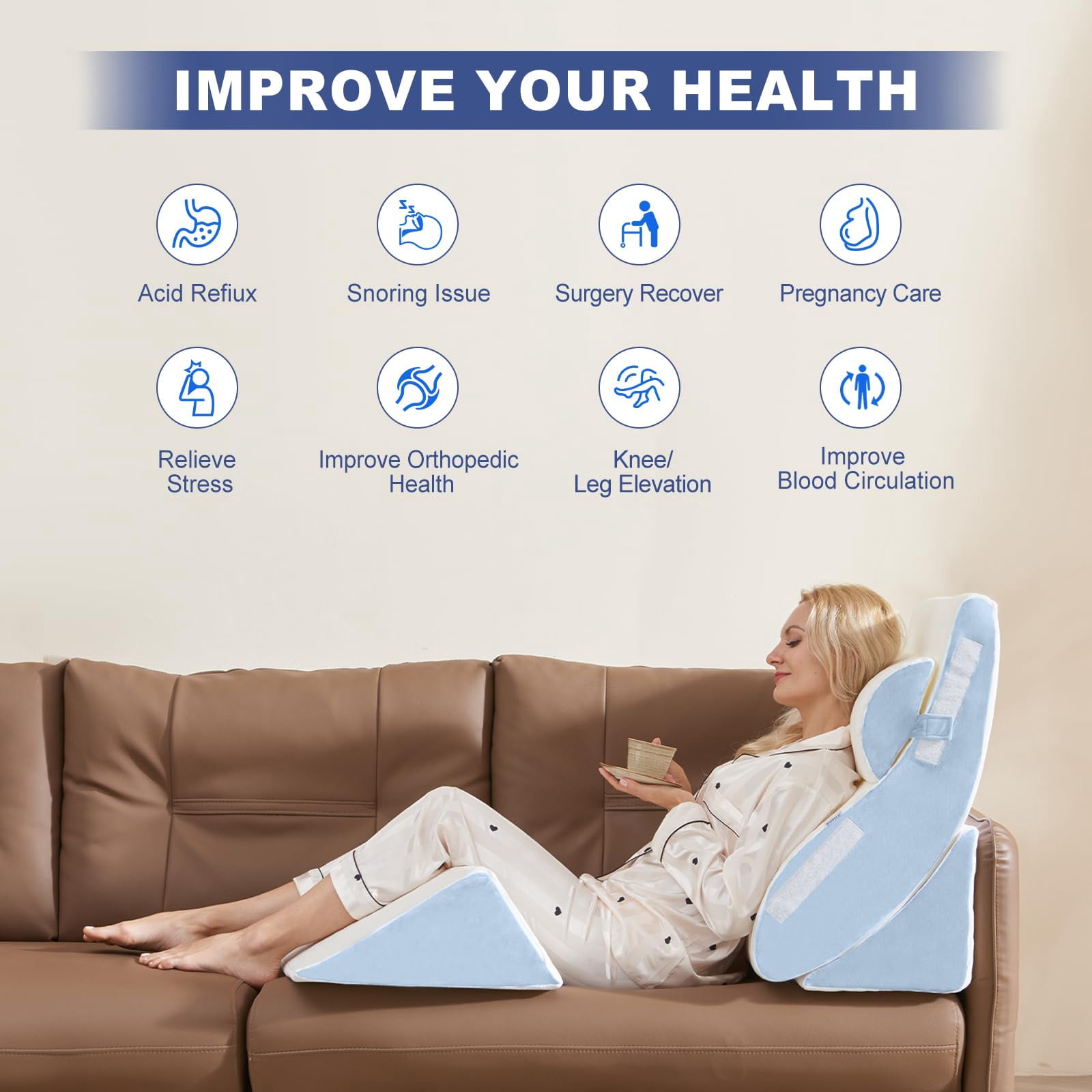 4pcs Wedge Pillow Set For Sleeping - Bed  Adjustable Memory Foam Support Sitting Up In White Blue