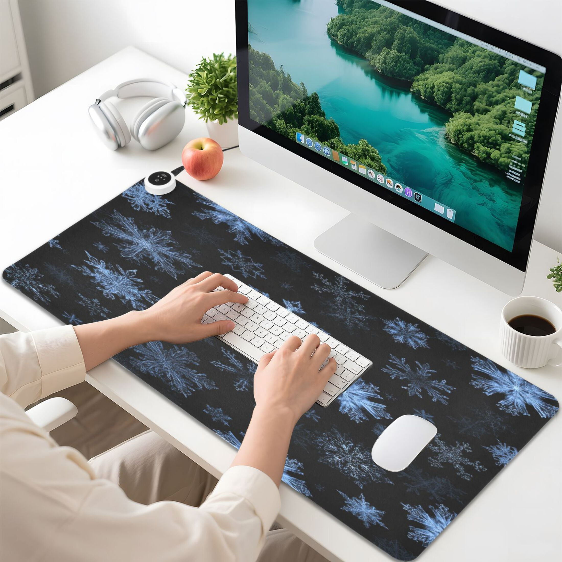 Large Heated Desk Mat Mouse Pad 31.5"x13"PU Leather Graphene Heating Desk Warmer with 3 Temperature Settings 110V US Plug Non-Slip Warm Pad for Home, Office, and Gaming Pale Blue Chrimas Snowflake