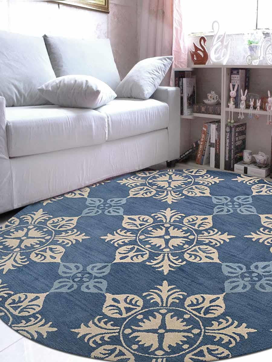 Rugsotic Carpets Hand Tufted Wool 8'x8' Round Area Rug Floral Blue