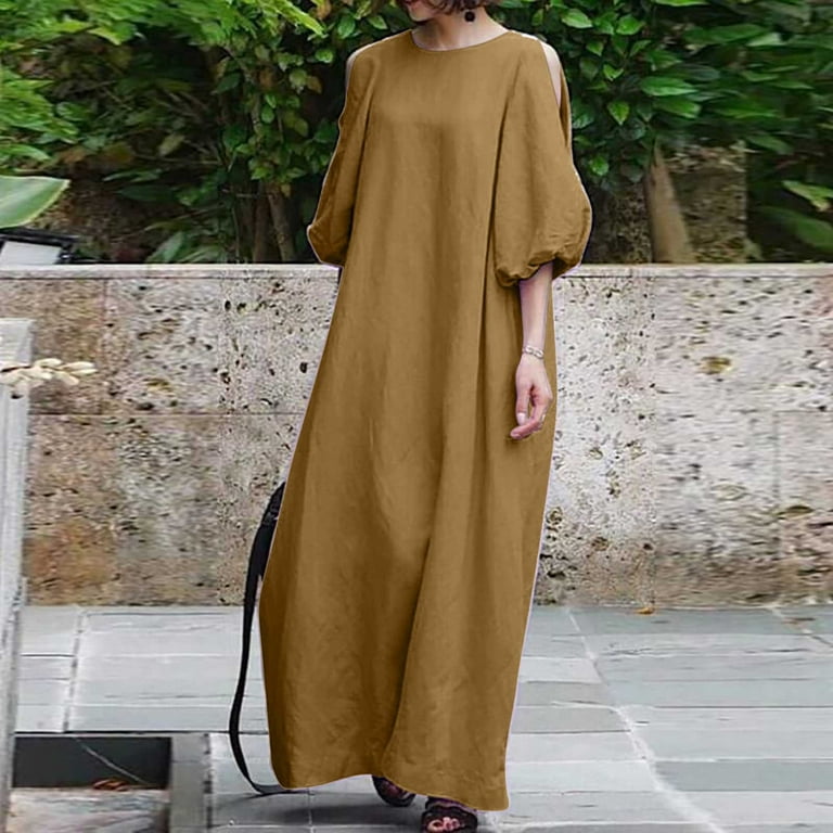 Women's Linen Long Dress Loose Puff Sleeve Half Sleeve Solid Maxi Dress  Cold Shoulder Cotton Linen Casual Crewneck Dress