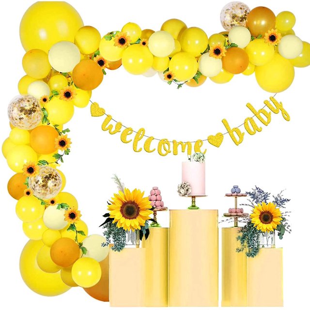 Kit de arco de globo de girasol, guirnalda de globo de látex amarillo con pancarta de bienvenida para bebé, adorno de girasol, para la decoración de la fiesta de bienvenida al bebé del día de San Vale Afortunado Sencillez