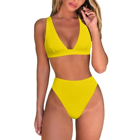 Rovga Swim Suits For Women 2024 Ladies High Waisted Thong Bikini Sets Sexy Brazilian Triangle Top Deep V Neck Two Piece Swimsuit Bathing Suits Yellow L