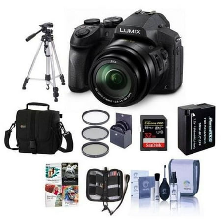 Panasonic Lumix DMC-FZ300 12.1MP Digital Camera 24x Zoom - Bundle with Camera Case, 32GB U3 SDHC Card, Spare Battery, 52mm UV Filter, Tripod, Cleaning Kit, Memory Wallet, Software Package