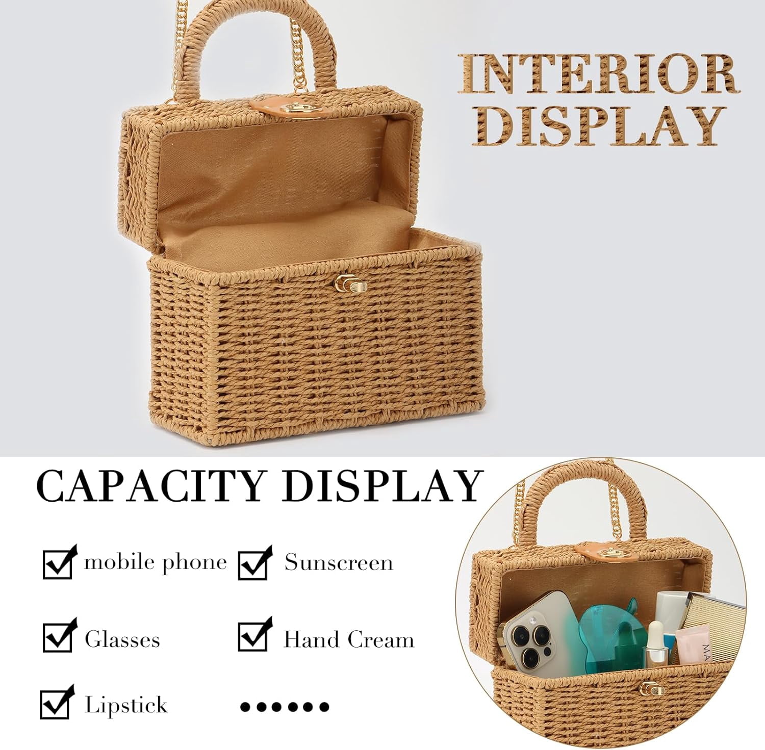 Women Handwoven Rattan Handbag Beach Straw Tote Bag Square Boho Crossbody Bag