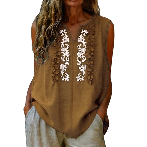 Weikingp Embroidered Tops For Women,Tunic Shirts for Women T Shirts for Women Linen Shirts for Women Cotton Shirts for Women Oversized Tshirts for Women Spring Tops Brown L