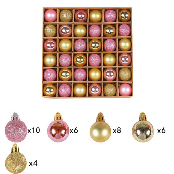 BSJJY 36Pc 6 Style Fine Painting Christmas Balls,1.2In Christmas Tree Hanging Ball,Shatterproof Christmas Baubles(Boxed), Pink&Gold