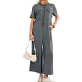 thumbnail image 3 of Summer Women Short Sleeve Button Down Casual Loose Wide Leg One Piece Jumpsuit, 3 of 6