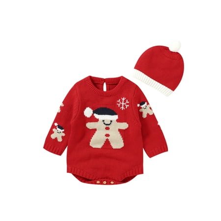 

JYYYBF 0-18M Christmas Rompers Newborn Baby Girls Boys Gingerbread Man Pattern Round Neck Long Sleeve Sweater Hat Red 12-18 Months