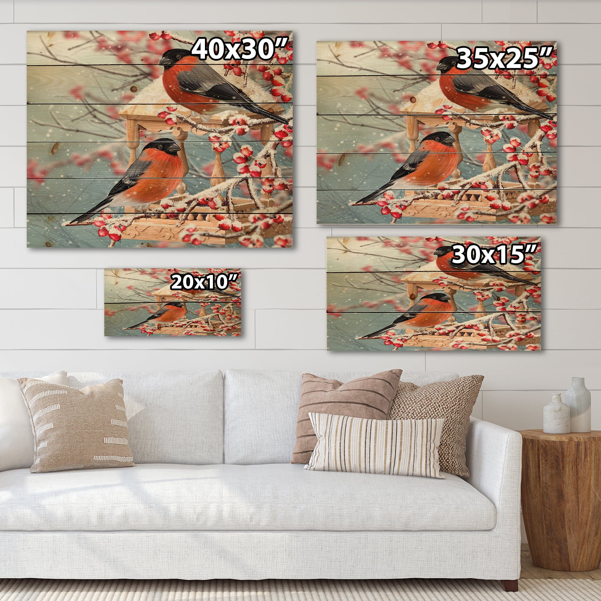 Designart 'Two Tits Sit On A Snow-Covered Berries Branch ' Traditional Print on Natural Pine Wood