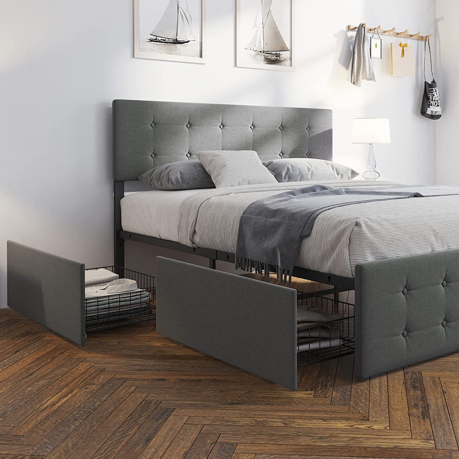 Queen Platform Bed Frame with Headboard and 4 Drawers Storage, Button