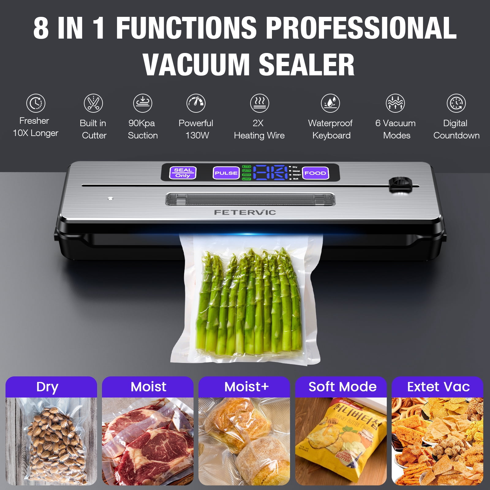 FETERVIC 8 in 1 Vacuum Sealer Machine, 90KPA 130W Sealer with Built-in Cutter, LED Display, 6 Sealing Modes, 20Pcs Seal Bags for Home Storage