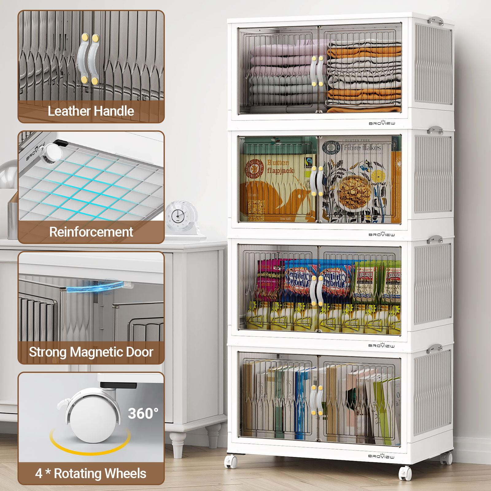BROVIEW 360Qt Stackable Storage Bins with Lid, Plastic Closet Organizers and Storage Drawer, Collapsible Storage Box with Wheels, Folding Storage Cabinet for Closet Clothes Organization, 3Pack White