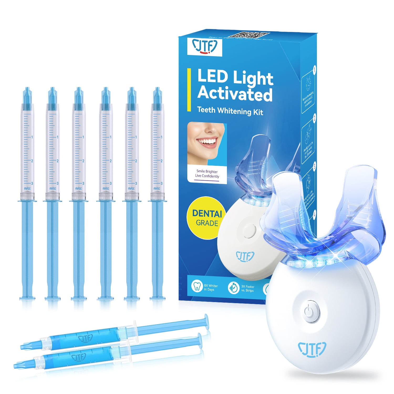 JTF Teeth Whitening Kit with LED Light, 10 Minute Enamel Safe Whitening, 6 Whitening Gels Containing 35% Carbamide Peroxide and 2 Remineralizing Gel for Coffee, Tea, Smoking and Wine Stains
