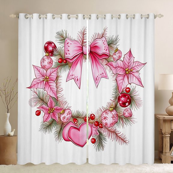 jejeloiu Bowtie Xmas Wreath Blackout Curtains (2-Pack,38x45),Pink Heart Red Berry,Ultra Soft Decor For Princess
