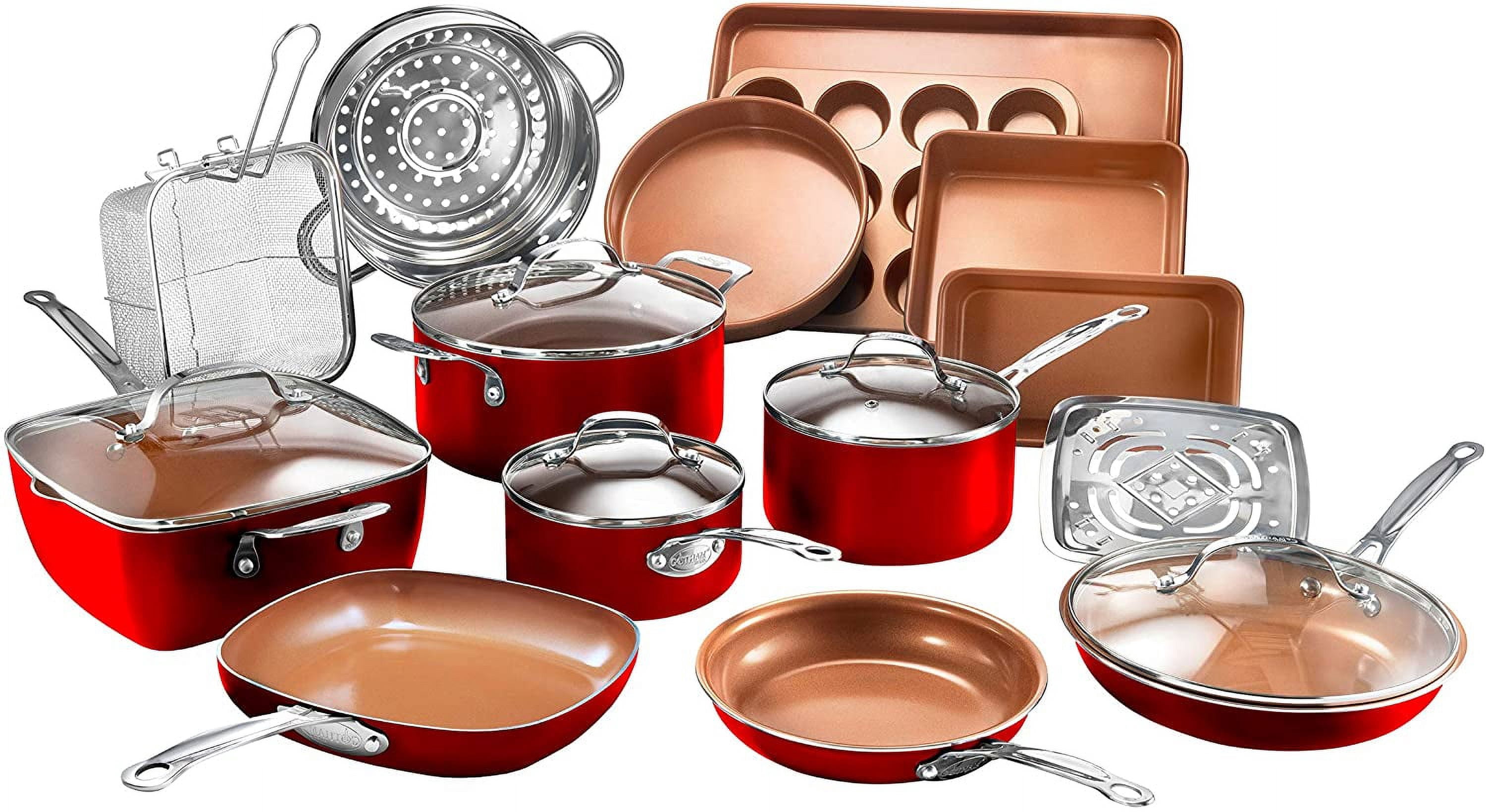 Gotham Steel Kitchen-in-a-box 25 Piece Cookware set, Non-stick Pots & Pans with Utensils, Red/Copper