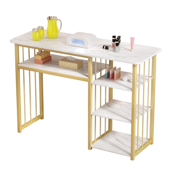 YiJin Marbling Nail Tech Desk with Golden Frame | 3-Tier Manicure Table for Salon & Home, Portable Nail Art Station with Storage Shelves