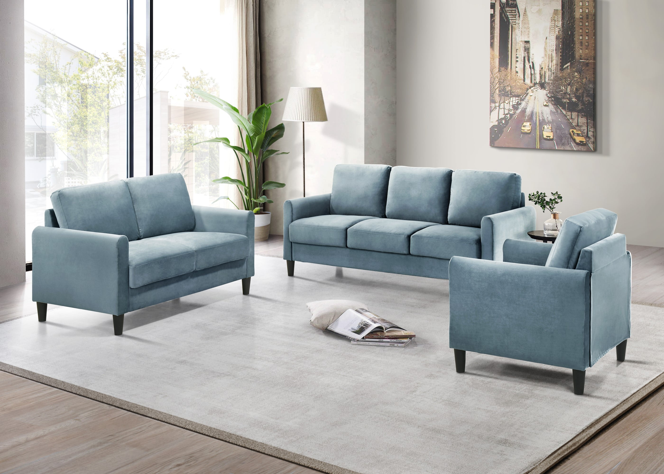 Home Design Airell Velvet Arm Chair with Plush Armrests and Sleek Black Legs, Modern Upholstered Design for Living Room, Blue