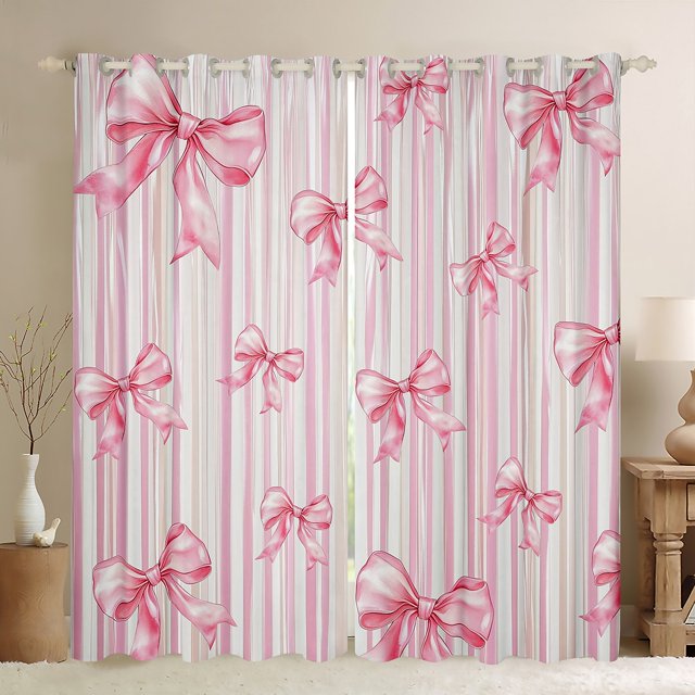 Erosebridal Rideaux à Nœud Dessin Animé Lot de 2 (38x54), Nœud Papillon Princesse 30 %-50 % Rideaux Occultants, Décoration de Chambre à Rayures Roses