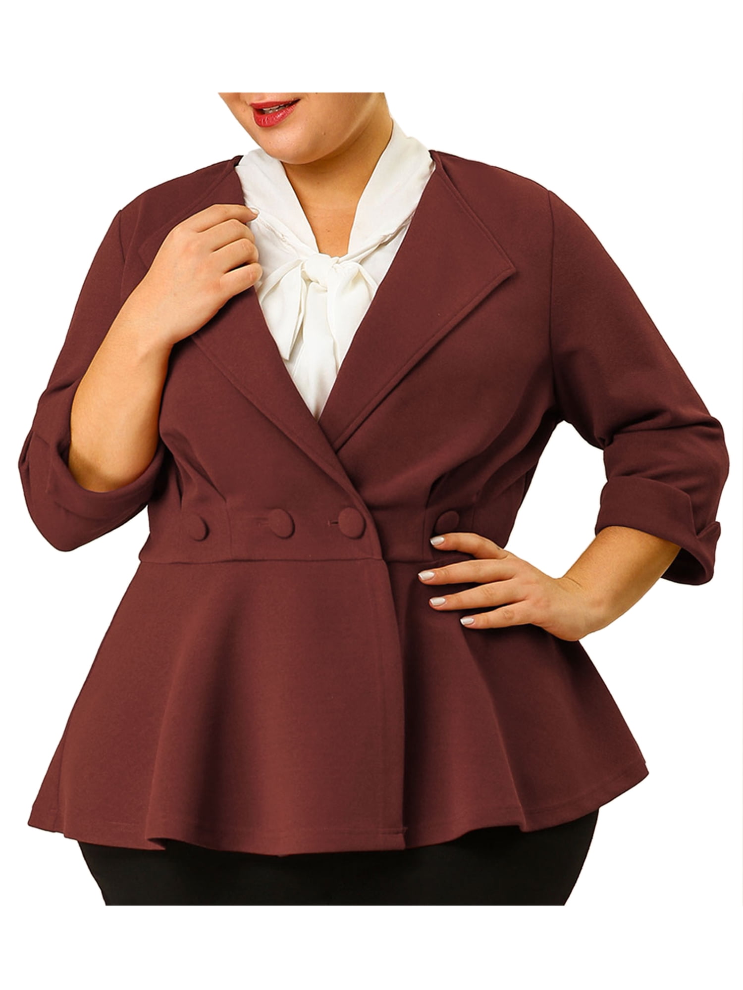 Agnes Orinda Womens Plus Size Ruffle V Neck Button Ruched Casual Peplum Blazer